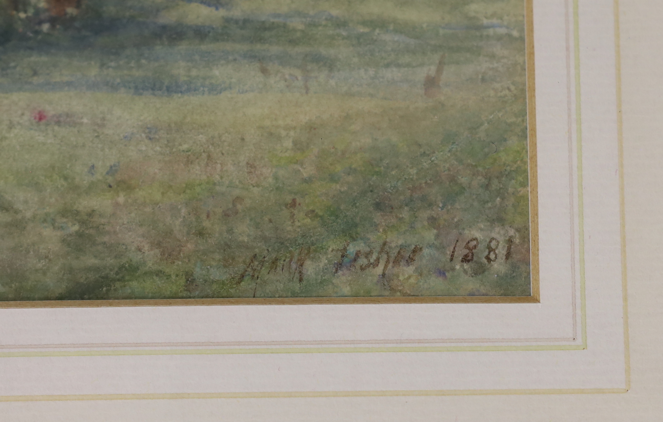 Mark Fisher (1841-1923), watercolour, Cattle by a brook, signed and dated 1881, The Fine Art Society Ltd inscribed label verso, 34 x 24cm